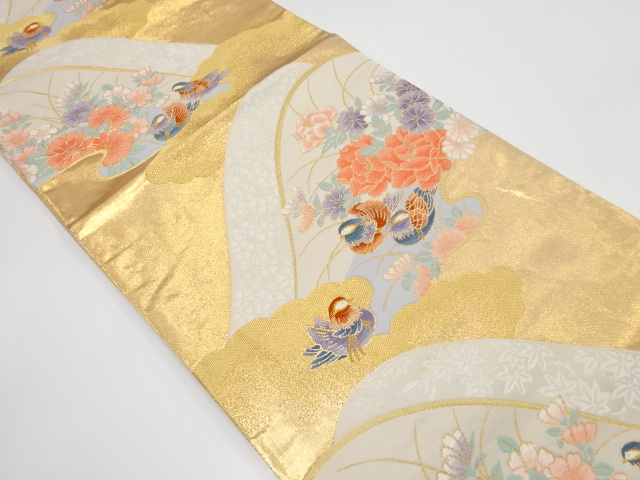 雲取りに鴛鴦・草花模様織り出し　袋帯